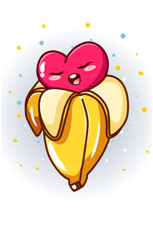 A sweet and happy banana love cartoon illustrationのイラスト素材