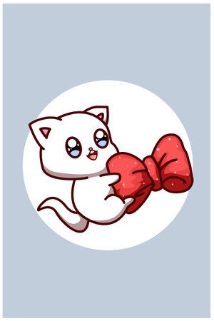 A cute and happy baby cat with a big ribbon cartoon illustrationのイラスト素材