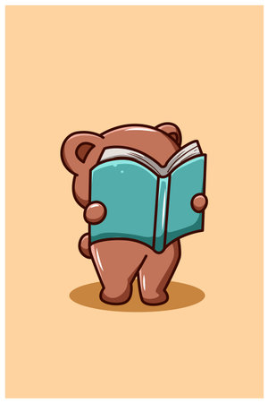 A cute bear is reading a book cartoon illustrationのイラスト素材