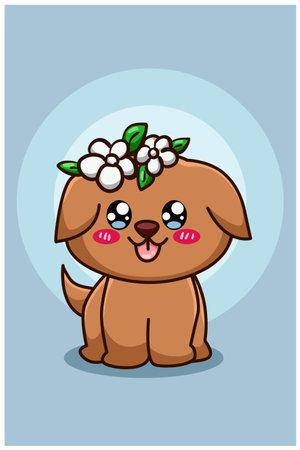Cute and happy dog with crown flower cartoon illustrationのイラスト素材