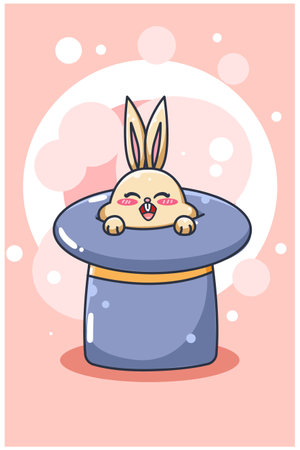 Cute and happy rabbit on magic hat animal cartoon illustrationのイラスト素材