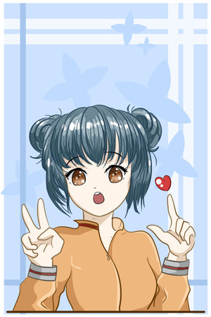 Cute and beautiful girl dark blue hair with love cartoon illustrationのイラスト素材