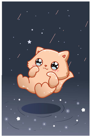 Cute and happy cat in night sky cartoon illustrationのイラスト素材