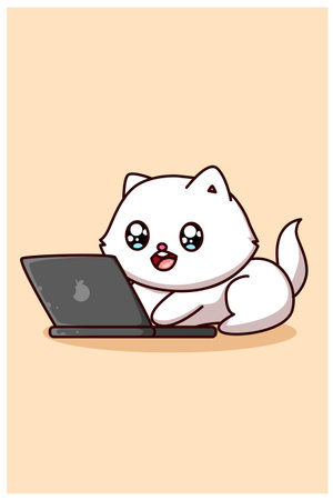 Cute and happy little cat with laptop cartoon illustrationのイラスト素材