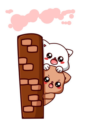 Two funny cats behind the wall cartoon illustrationのイラスト素材