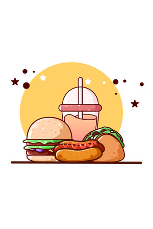 Sweet burger, hotdog, taco and juice icon cartoon illustrationのイラスト素材