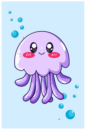Happy and funny purple jellyfish cartoon illustrationのイラスト素材