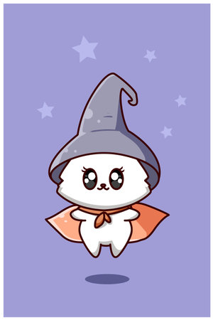 Happy and funny witch cat cartoon illustrationのイラスト素材