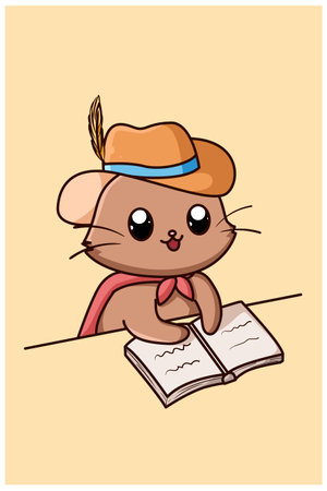 Cute and happy warrior cat with book cartoon illustrationのイラスト素材