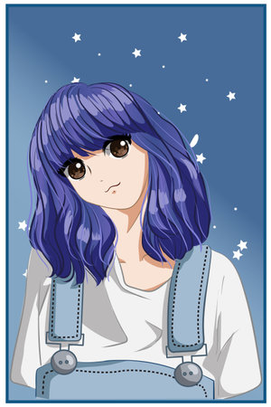 Cute and beautiful girl short purple hair cartoon illustrationのイラスト素材