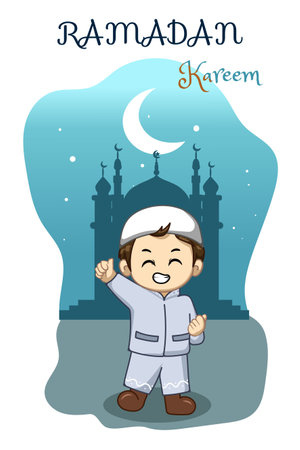 Little happy boy at ramadan kareem night cartoon illustrationのイラスト素材