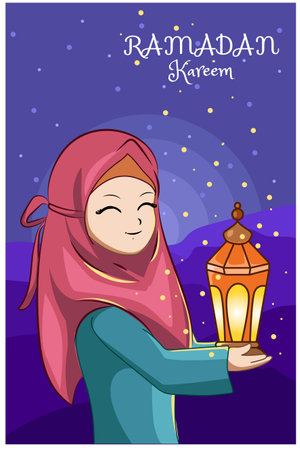 Beautiful girl with lantern at night ramadan kareem cartoon illustrationのイラスト素材