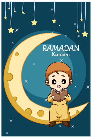 Happy muslim boy reading book on moon in ramadan kareem cartoon illustrationのイラスト素材