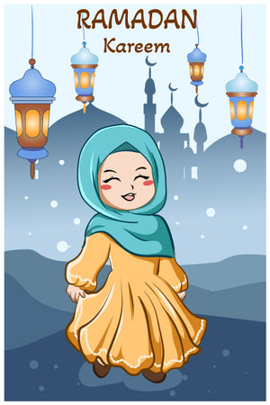 Happy girl celebrating ramadan kareem at night with lantern decoration cartoon illustrationのイラスト素材