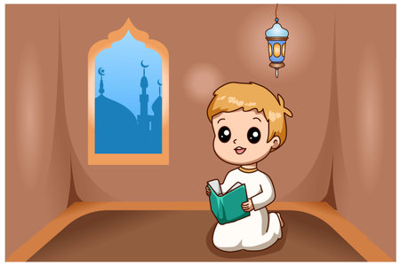 Little muslim boy reading Quran at ramadan kareem cartoon illustrationのイラスト素材