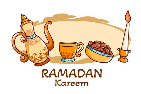 Breaking the fast at ramadan kareem cartoon illustrationのイラスト素材
