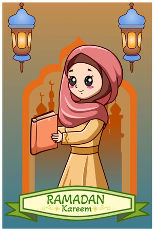 Happy girl in ramadan kareem cartoon illustrationのイラスト素材