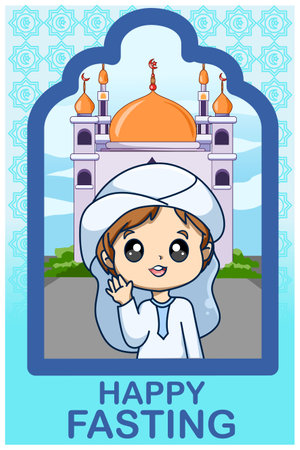 Happy fasting little muslim boy in ramadan kareem cartoon illustrationのイラスト素材