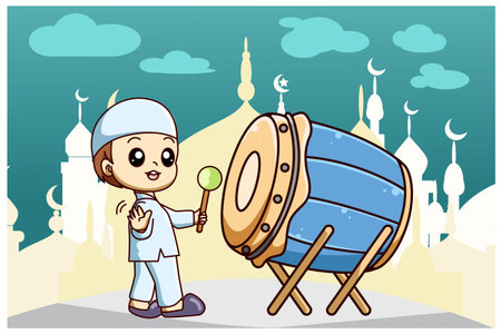 Muslim boy with drum mosque at ramadan kareem cartoon illustrationのイラスト素材