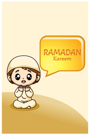 Little muslim boy praying at ramadan kareem cartoon illustrationのイラスト素材