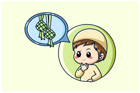 Muslim boy thinking in ramadan kareem cartoon illustrationのイラスト素材