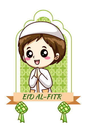 Cute boy greeting muslim holiday mubarak cartoon illustrationのイラスト素材
