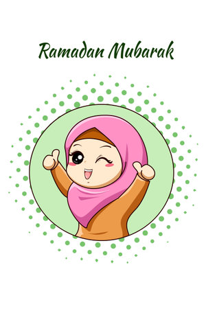 Cute happy girl greeting ramadan mubarak cartoon illustrationのイラスト素材