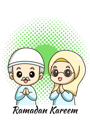 Cute grandparents celebrate ramadan kareem cartoon illustrationのイラスト素材