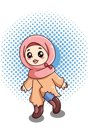 Happy and funny little muslim girl at ramadan cartoon illustrationのイラスト素材