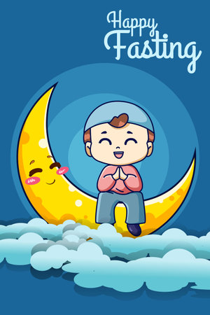 Cute muslim boy with moon at ramadan night cartoon illustrationのイラスト素材