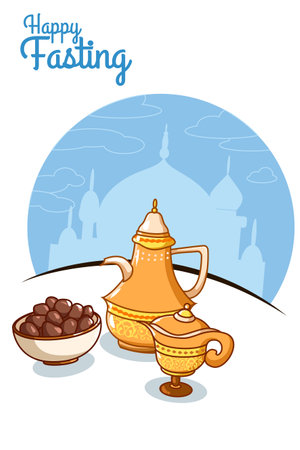 Happy fasting with tea and palm at ramadan mubarak cartoon illustrationのイラスト素材