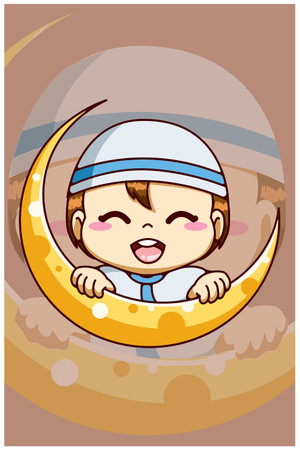 Cute muslim boy with moon at ramadan kareem cartoon illustrationのイラスト素材