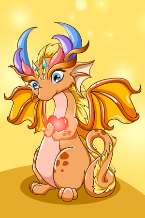 Cute and beautiful gold dragon with love design animal cartoon illustrationのイラスト素材
