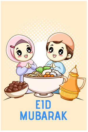 Cute muslim boy and girl celebrating mubarak cartoon illustrationのイラスト素材
