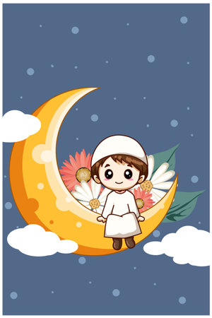 Cute muslim boy on moon with flower at ramadan cartoon illustrationのイラスト素材