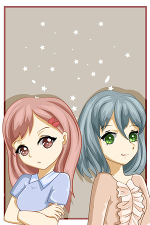 Cute and beautiful two girl with red and green hair design character cartoon illustrationのイラスト素材