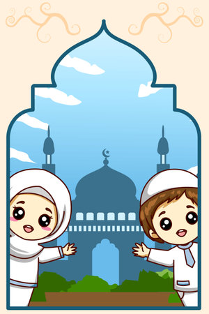 Cute muslim boy and girl celebrating mubarak cartoon illustrationのイラスト素材