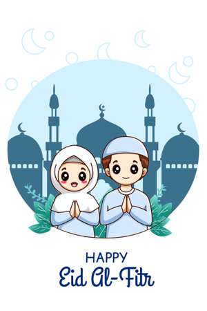 Little muslim girl and boy celebrating mubarak cartoon illustrationのイラスト素材