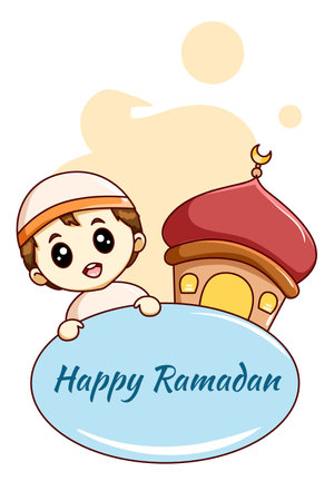 Cute muslim boy with mosque ramadan kareem cartoon illustrationのイラスト素材
