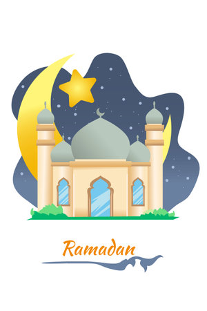 Mosque with moon and star at ramadan kareem cartoon illustrationのイラスト素材