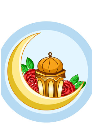 Gold moon with lantern at ramadan mubarak cartoon illustrationのイラスト素材