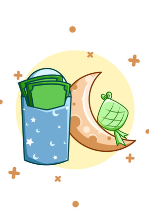Money with moon and ramadan food at mubarak cartoon illustrationのイラスト素材