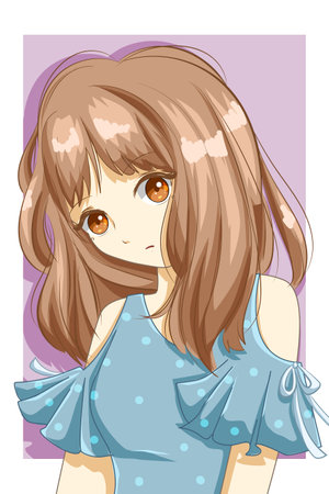 Cute and beautiful girl with blue blouse design character cartoon illustrationのイラスト素材