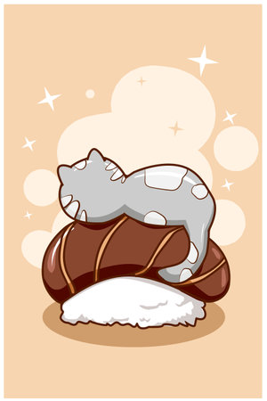 Cute cat on sushi cartoon illustrationのイラスト素材