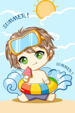 Little cute boy with watermelon on the beach in the summer design character cartoon illustrationのイラスト素材
