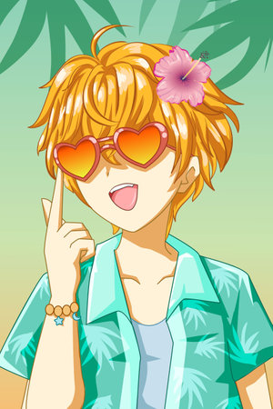 Happy and cute boy with glasses in beach in the summer cartoon illustrationのイラスト素材
