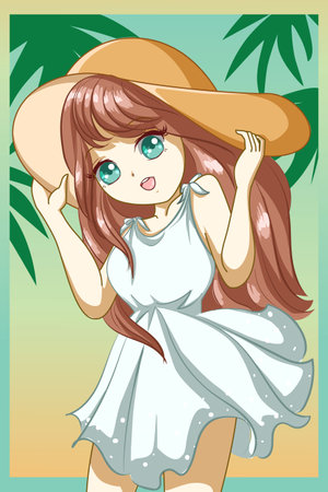 Cute and beautiful girl with white dress in beach at summer design character cartoon illustrationのイラスト素材