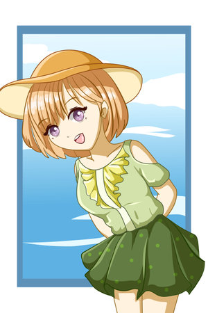 Cute and beautiful girl brown hair with green dress in the summer design character cartoon illustrationのイラスト素材