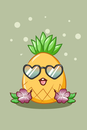 Happy and cute pineapple in the summer cartoon illustrationのイラスト素材