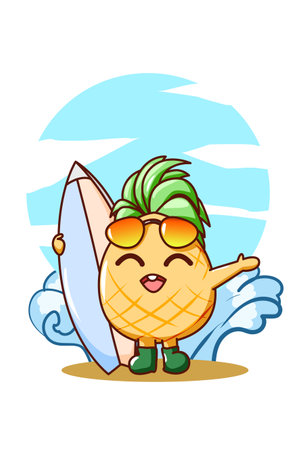 Cute pineapple with surfing board in summer cartoon illustrationのイラスト素材